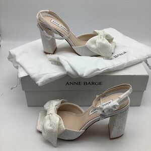 Anne‎ Barge Willow White Jacquard Bow Block Heel Slingback Wedding Shoes Size 7